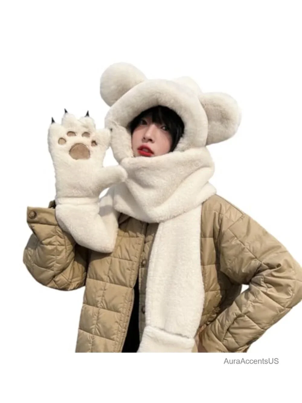 Faux Fur One-Piece Hooded Hat Scarf Gloves Set Winter Warm Ski Cap
